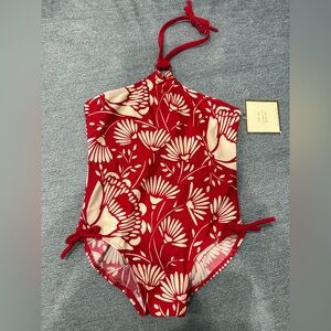 GAP Red and Cream Floral Halter One-Piece Swimsuit - Kids
